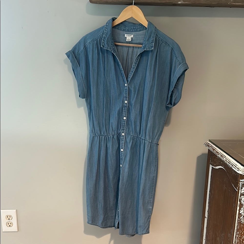 J.Crew Chambray Short Sleeve Popover Blue Button Down Shirt Dress with Belt